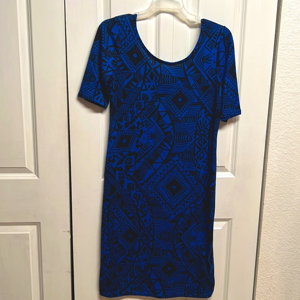 Mascara Blue Black Geometric Print Short Sleeve Knit Dress Size L